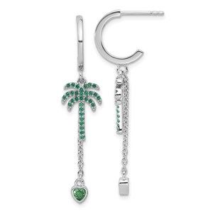 Sterling Silver Rhodium-plated Green CZ Palm Tree Heart Post Hoop Earrings